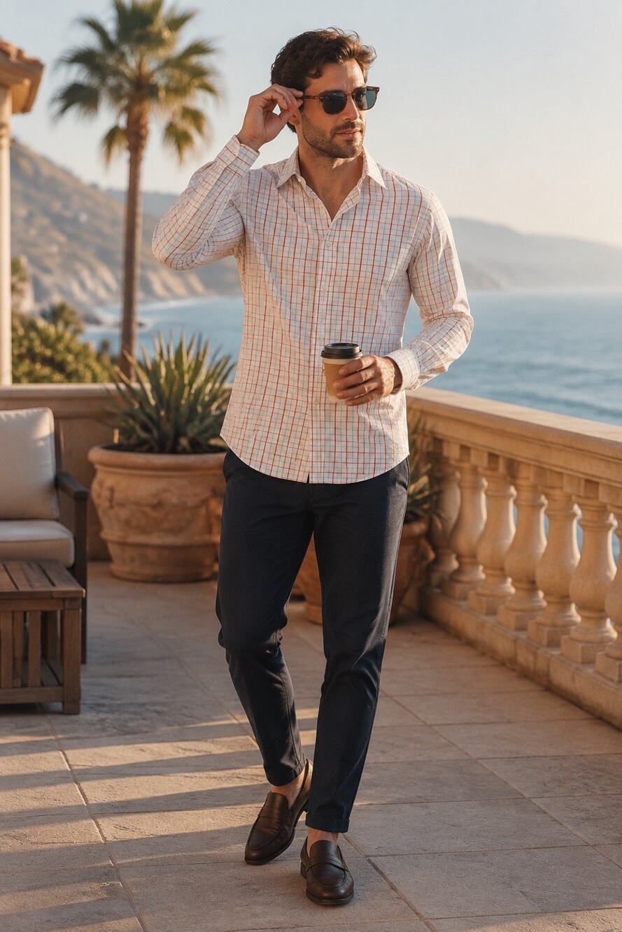 Mizzen+Main Leeward Shirt Mens M Red Blue Plaid Trim Fit USA